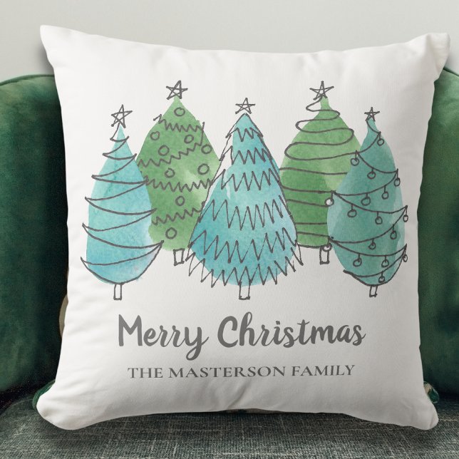 Merry Christmas Custom Name Christmas Trees Green Throw Pillow (Creator Uploaded)