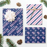 Merry Christmas Custom Name Monogram Pink Navy Wrapping Paper Sheets<br><div class="desc">Elevate your gift giving this holiday season with a set of beautifully coordinated designs! Featuring three unique patterns in matching colors, that can be used individually or as a set. The first sheet is personalized with the recipient's name in classic block-style lettering. The 'Merry Christmas' phrase can also be customized...</div>