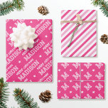 Merry Christmas Custom Name Monogram Pink Wrapping Paper Sheets<br><div class="desc">Elevate your gift giving this holiday season with a set of beautifully coordinated designs! Featuring three unique patterns in matching colors, that can be used individually or as a set. The first sheet is personalized with the recipient's name in classic block-style lettering. The 'Merry Christmas' phrase can also be customized...</div>