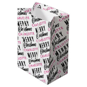 Merry Christmas Custom Name Pink Trendy Medium Gift Bag