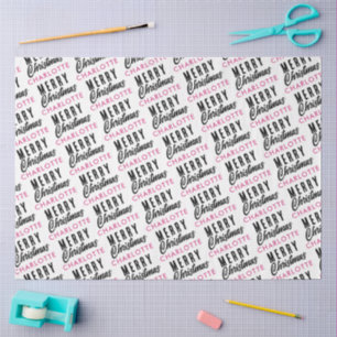 Merry Christmas Custom Name Pink Trendy Tissue Paper