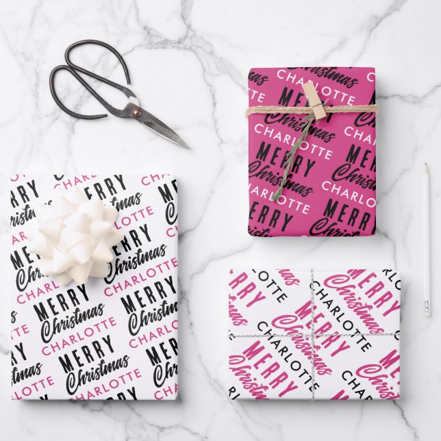 Merry Christmas Custom Name Pink Trendy Wrapping Paper Sheets (Front)