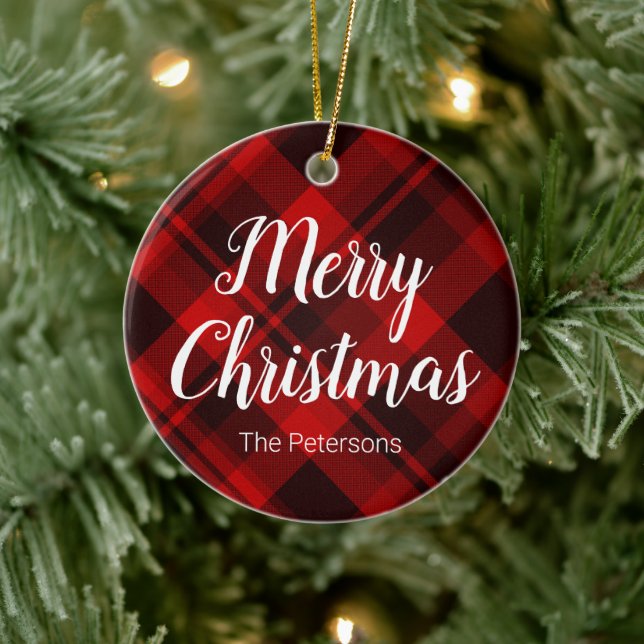 Merry Christmas Custom Name Red Black Plaid Tartan Ceramic Ornament (Tree)