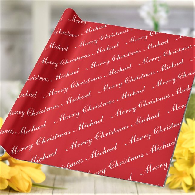 Merry Christmas Custom Name Red Chic Personalized Wrapping Paper (Creator Uploaded)