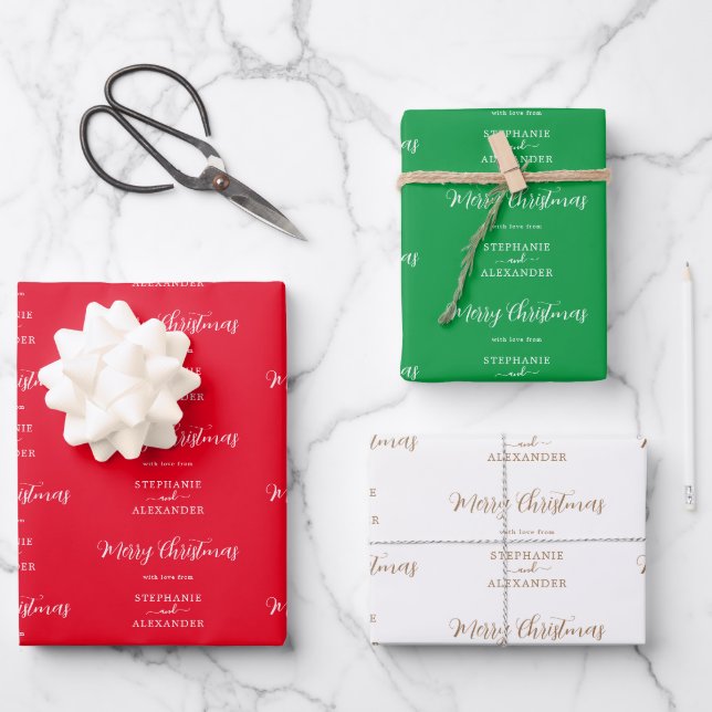 Merry Christmas Custom Name Red White Green Wrapping Paper Sheets (Front)