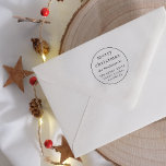 Merry Christmas Custom Name & Return Address Round Rubber Stamp<br><div class="desc">A wooden stamp with a round line border around the design. Inside, at the top, "merry christmas" or the greeting of your choice is written in simple serif typography. Your family name appears below in serif italics. At the bottom, your return address or contact details are written over three lines....</div>