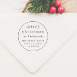 Merry Christmas Custom Name & Return Address Round Rubber Stamp<br><div class="desc">A wooden stamp with a round line border around the design. Inside, at the top, "merry christmas" or the greeting of your choice is written in simple serif typography. Your family name appears below in serif italics. At the bottom, your return address or contact details are written over three lines....</div>