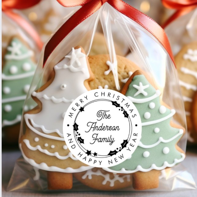 Merry Christmas Custom Name Script Holly Wreath Classic Round Sticker (Creator Uploaded)