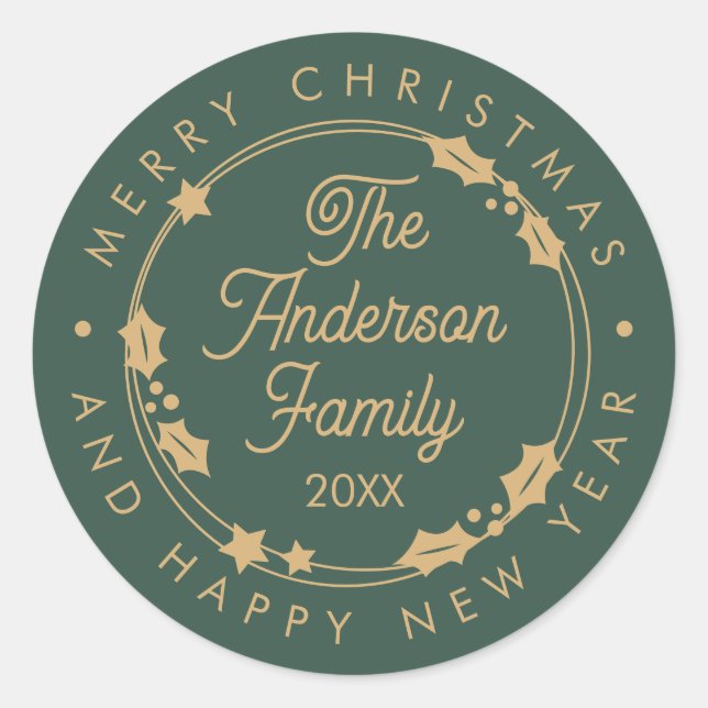 Merry Christmas Custom Name Year Script Wreath Classic Round Sticker (Front)