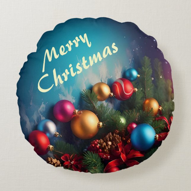 Merry Christmas Custom Personalize Text Round Pillow (Front)