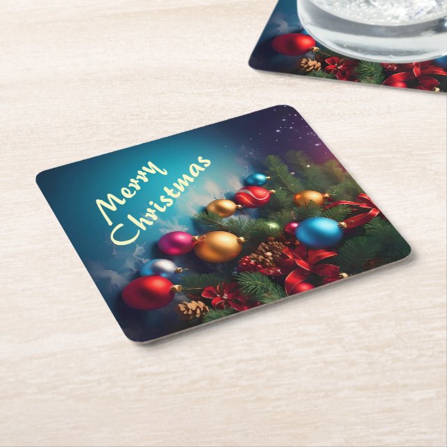 Merry Christmas Custom Personalize Text Square Paper Coaster (Angled)