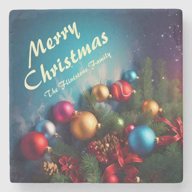 Merry Christmas Custom Personalize Text Stone Coaster (Front)