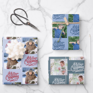 Merry Christmas Custom Photo Blue Set of 3 Wrapping Paper Sheets