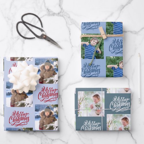 Merry Christmas Custom Photo Blue Set of 3 Wrapping Paper Sheets