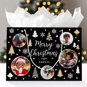 Merry Christmas Custom Photo Festive Trees Black Large Gift Bag