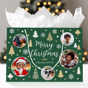 Merry Christmas Custom Photo Festive Trees Green Large Gift Bag