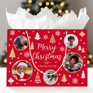 Merry Christmas Custom Photo Festive Trees Red Large Gift Bag