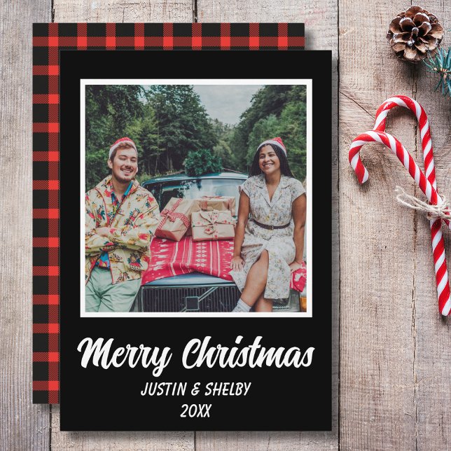 Merry Christmas Custom Photo  Holiday Card (Merry Christmas Holiday Photo Card in Red and Black Plaid with Custom Name & Year.)