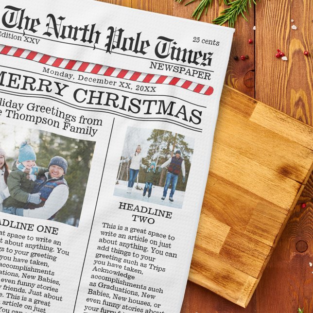 Merry Christmas Custom Photo Newspaper Kitchen Towel (Merry Christmas cute whimsical newspaper kitchen towel.)