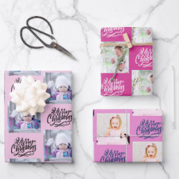 Merry Christmas Custom Photo Pink Set of 3 Wrapping Paper Sheets