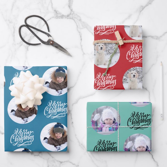 Merry Christmas Custom Photo Set of 3 Wrapping Paper Sheets (Front)