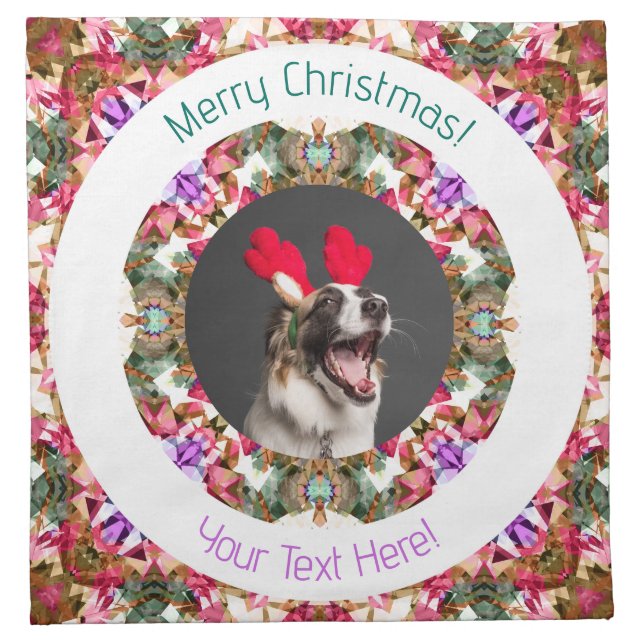 Merry Christmas Custom Photo Text Jolly Green Red Cloth Napkin (Front)