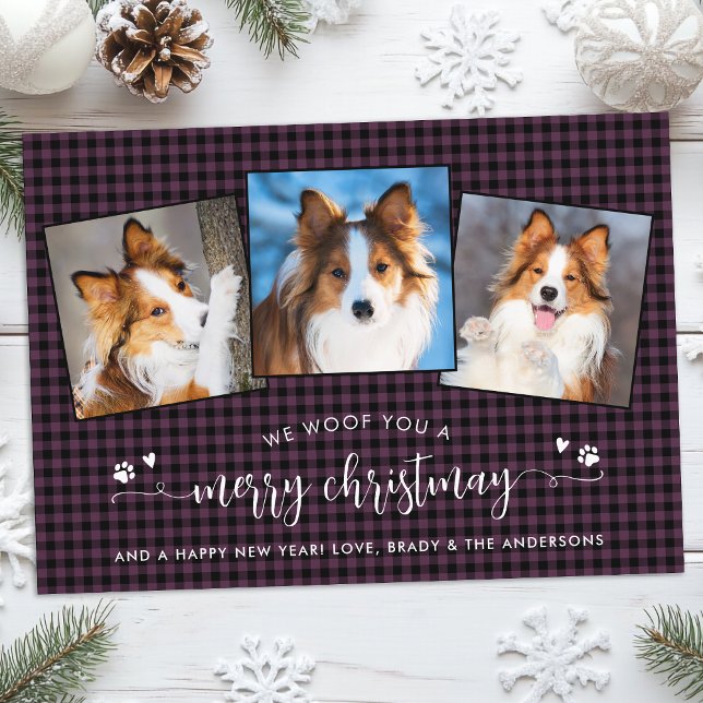 Merry Christmas Custom Plum Fun Dog Photo Collage Holiday Card (Creator Uploaded)