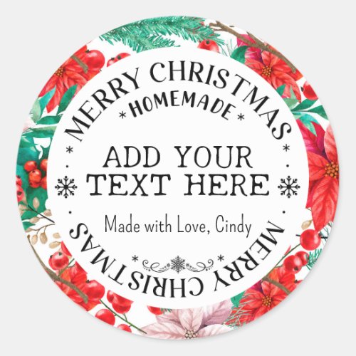 Merry Christmas Custom Red Floral Homemade   Classic Round Sticker