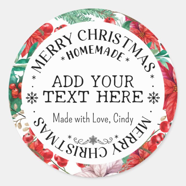Merry Christmas Custom Red Floral Homemade   Classic Round Sticker (Front)