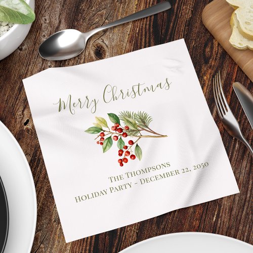 Merry Christmas Custom Red Holly Berries Napkins