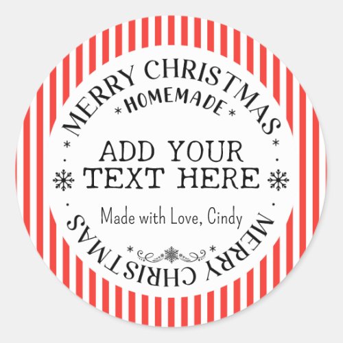 Merry Christmas Custom Red Stripes Homemade   Classic Round Sticker
