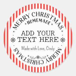 Merry Christmas Custom Red Stripes Homemade   Classic Round Sticker