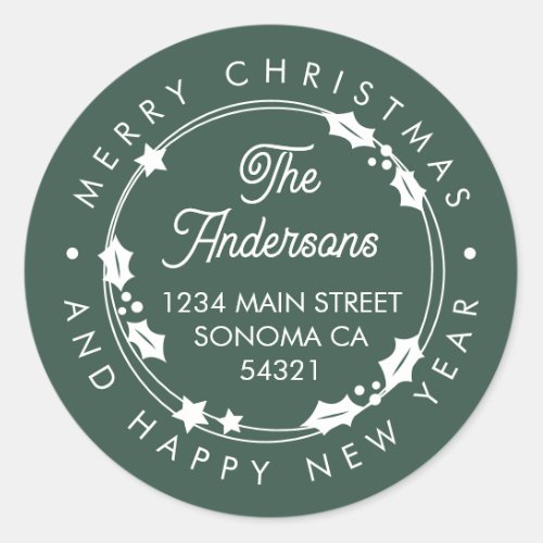 Merry Christmas Custom Script Address Wreath Green Classic Round Sticker