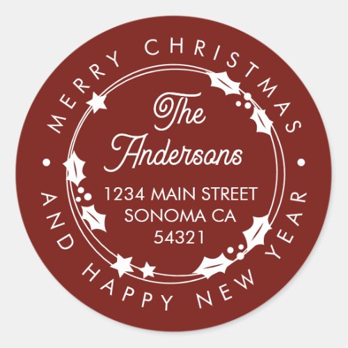 Merry Christmas Custom Script Address Wreath Red Classic Round Sticker