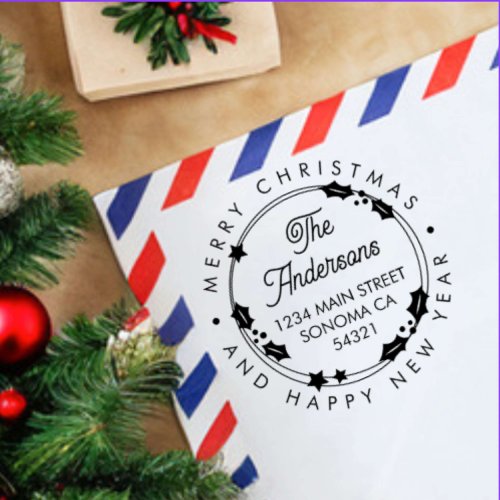 Merry Christmas Custom Script Address Wreath Rubber Stamp