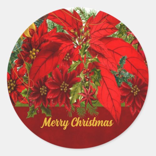 Merry Christmas Custom Text and Poinsettia Classic Round Sticker
