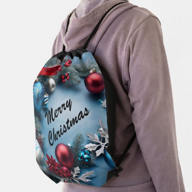 Merry Christmas Custom Text Drawstring Backpack (Insitu)