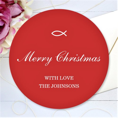 Merry Christmas Custom Text Family Name Red Classic Round Sticker