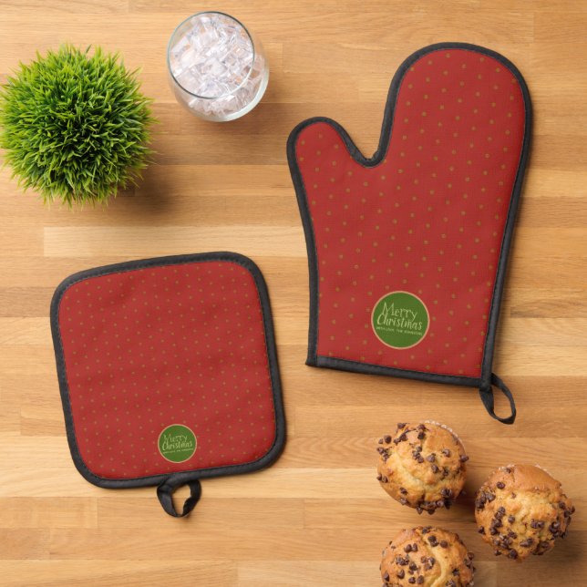 Merry Christmas Custom Text Red Oven Mitt & Pot Holder Set (Top Down)