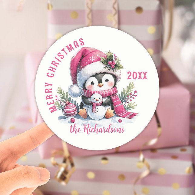 Merry Christmas Custom White and Pink Cute Penguin Classic Round Sticker (Creator Uploaded)