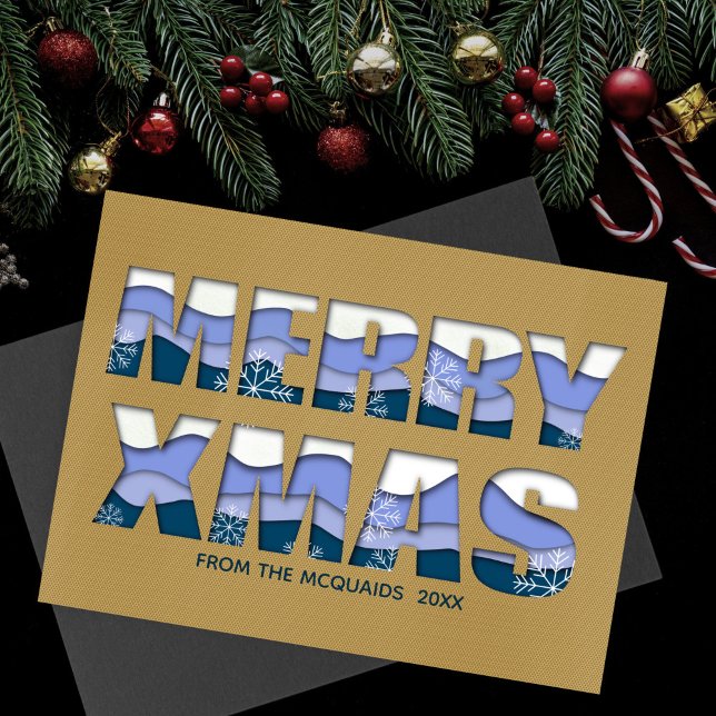 Merry Christmas Cut Out Blue Gold  Note Card (Merry Xmas in blues and whites)