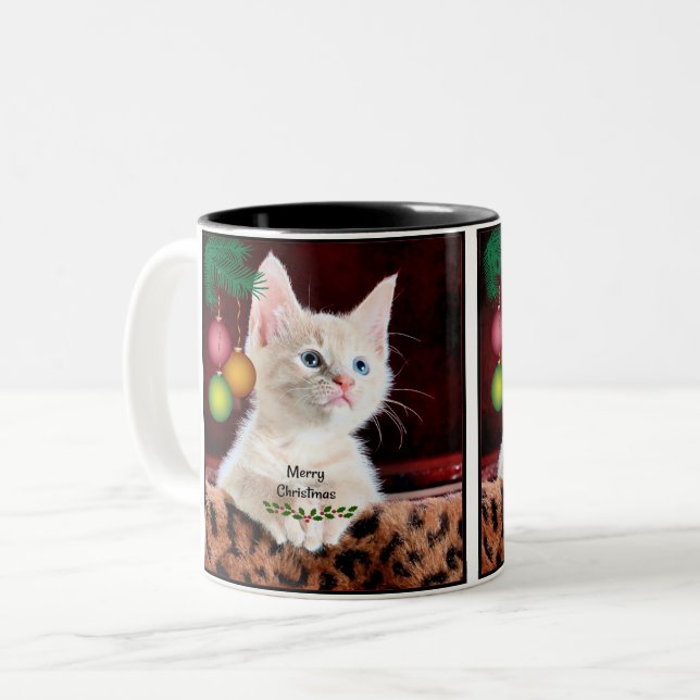 Merry Christmas Cute Adorable Kitty Cat Two-Tone Coffee Mug (Front Left)