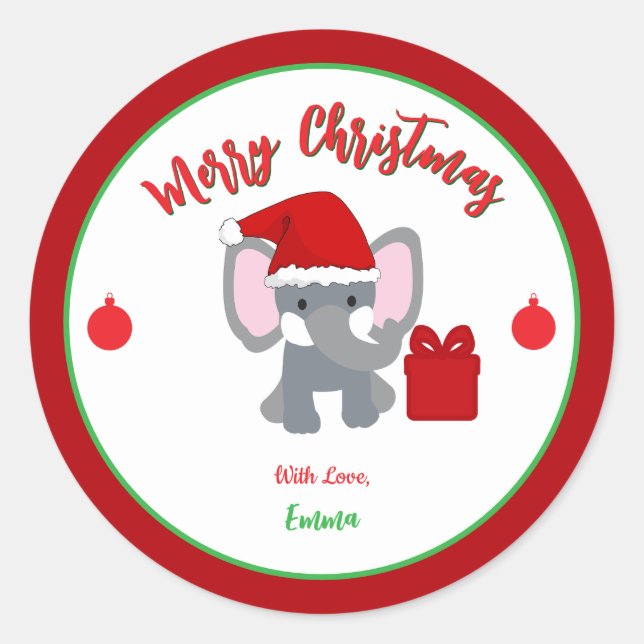 Merry Christmas Cute Baby Elephant Custom Name  Classic Round Sticker (Front)