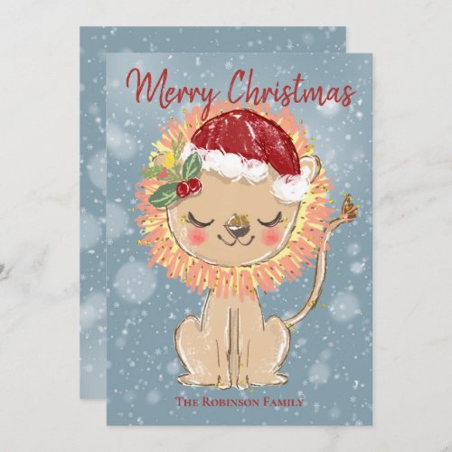 Merry Christmas Cute Baby Lion Red Santa Hat Holid Holiday Card