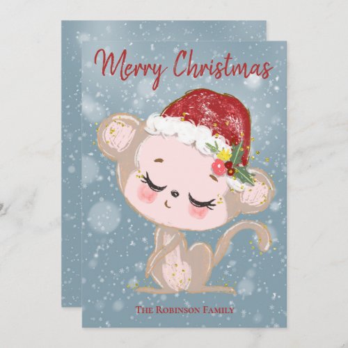 Merry Christmas Cute Baby Monkey Red Santa Hat Holiday Card