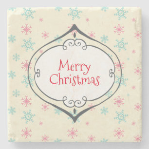 Merry Christmas Cute Bauble Pink & Blue Snowflakes Stone Coaster