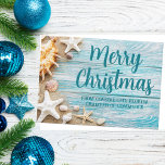 Merry Christmas Cute Beach Company Seashell Custom Holiday Card<br><div class="desc">A cute custom beach business holiday card for a tropical island company. Customize this pretty teal blue wood and seashell photography Christmas card with your seaside corporation name or other coastal professional text.</div>