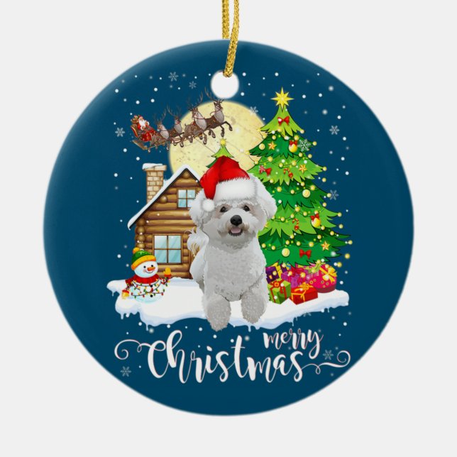Merry Christmas Cute Bichon Frise Santa With Xmas Ceramic Ornament (Front)