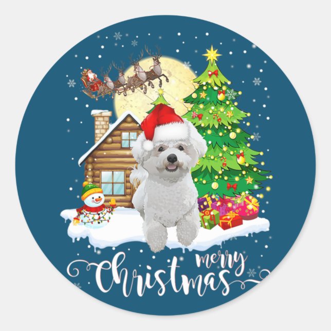 Merry Christmas Cute Bichon Frise Santa With Xmas Classic Round Sticker (Front)
