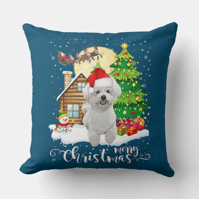 Merry Christmas Cute Bichon Frise Santa With Xmas Throw Pillow (Front)